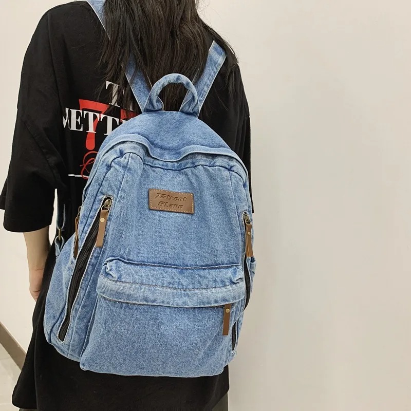 Embroidery Jeans - กระเป๋าเป้แฟชั่นผ้ายีนส์สำหรับนักเรียน กระเป๋าใส่ของหลายช่อง ความจุขนาดใหญ่ กระเป๋าเป้สะพายหลังสำหรับนักเรียนหญิง 2025