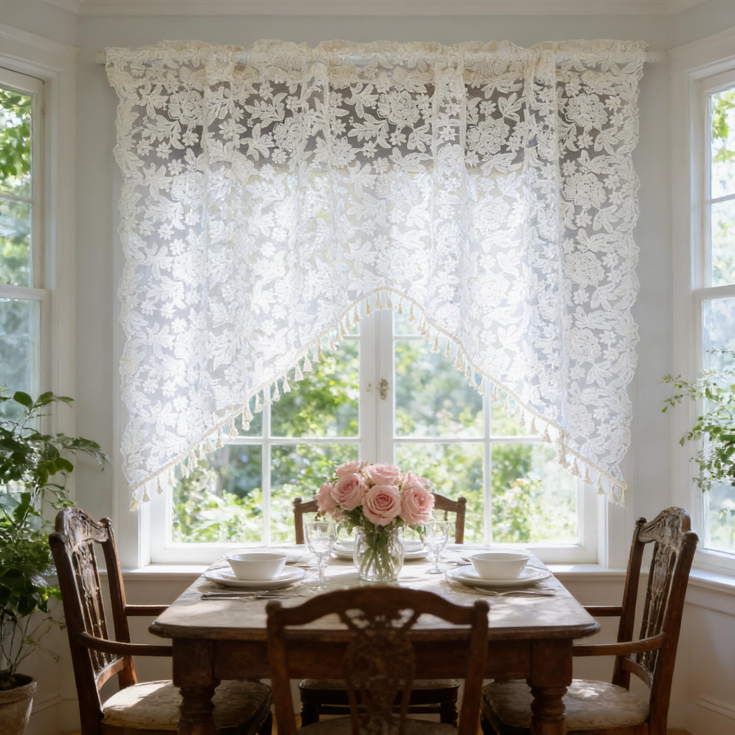 Embroidery Kitchen - ผ้าม่านสั้นลายดอกไม้ปักลายฉลุพร้อมพู่ประดับ ผ้าม่านทรงสามเหลี่ยมสำหรับร้านกาแฟ ห้องครัว หน้าต่างครึ่งบาน ห้องนอน ตกแต่งสไตล์โรแมนติก