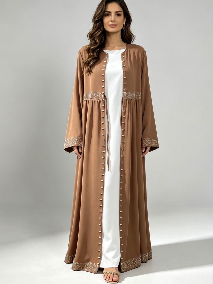 Embroidery Kaftan - ชุดอาบายะห์เปิดด้านหน้าสำหรับผู้หญิง ประดับลูกปัด แขนยาว คาร์ดิแกน ชุดคลุมสุภาพ ชุดมุสลิมสำหรับสุภาพสตรี
