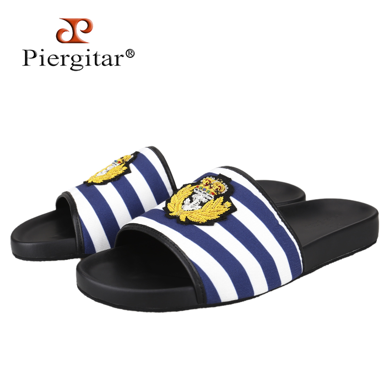 Embroidery White - Piergitar สีฟ้าและสีขาว Checkered Canvas รองเท้าแตะผู้ชาย Royal