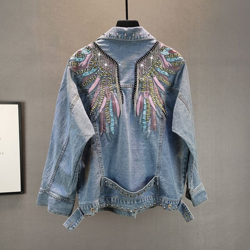 Embroidery Jeans - แฟชั่นฤดูใบไม้ร่วงใหม่ปี 2026 เสื้อแจ็คเก็ตยีนส์ผู้หญิงประดับหมุด แขนยาว เสื้อโค้ทยีนส์ผู้หญิง ตกแต่งลูกปัดและพู่