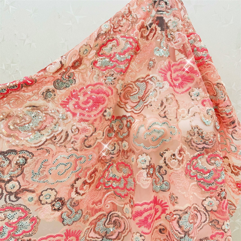 Embroidery Underlay - 2 หลา/ล็อต ผ้าลูกไม้ปักลายดอกไม้สีชมพูม่วงกว้าง 130 ซม. พร้อมเลื่อม