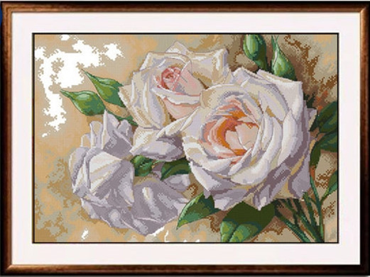 Embroidery Workshop - ดอกกุหลาบขาว ดอกไม้สวยงาม ชุดปักครอสติช 18CT 14CT ผ้าใบสีขาว