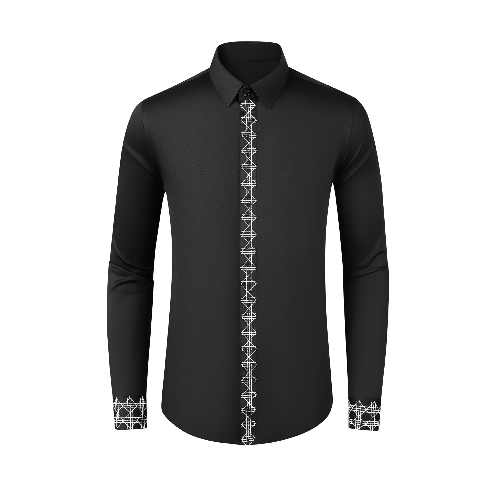 Embroidery On Black Shirt - สินค้าใหม่สำหรับฤดูใบไม้ร่วงและฤดูหนาว: เสื้อสำหรับผู้ชายผสมผ้าฝ้ายสีดำและสีขาวพร้อมปักตาข่ายที่แขนด้านหน้า