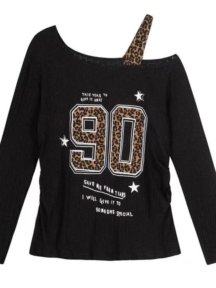 Embroidery Print - เสื้อยืดลายเสือดาวสไตล์ Y2K แบบแพทช์เวิร์คสำหรับผู้หญิง ทรงหลวม สตรีทแวร์ สไตล์กรันจ์