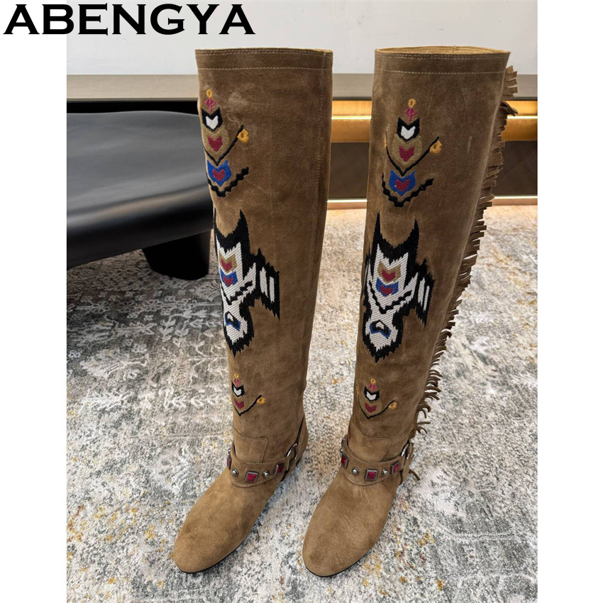 Embroidery Print - ABENGYA 2026ฤดูหนาวใหม่เข่ารองเท้าบูทสูงผู้หญิงหนังนิ่มหนังเย็บปักถักร้อยแบนยาวรองเท้าคลาสสิกแฟชั่นสัปดาห์รองเท้าMujer