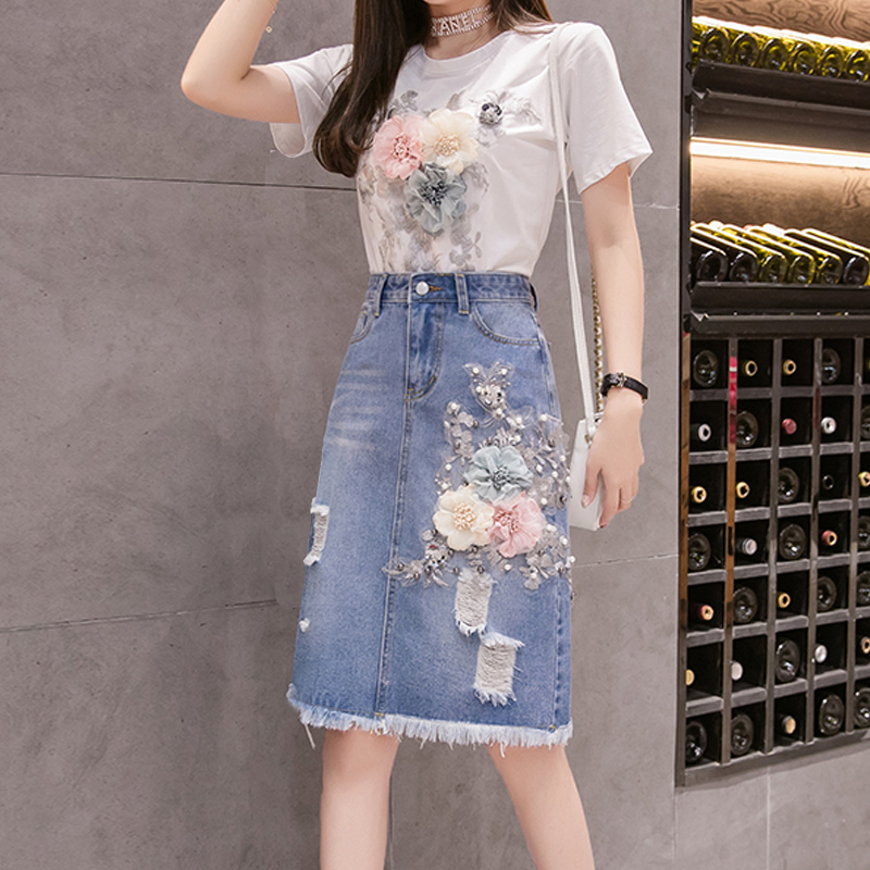 Embroidery Jeans - ผู้หญิงทํางานหนักเย็บปักถักร้อย 3D ดอกไม้เสื้อ + กางเกงยีนส์กระโปรง 2