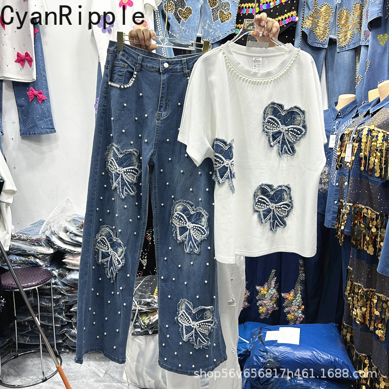 Embroidery Jeans - ชุดเซ็ตสองชิ้นสำหรับผู้หญิง ฤดูใบไม้ผลิ/ฤดูร้อน ใหม่ล่าสุด ประดับลูกปัด โบว์ ปักลาย