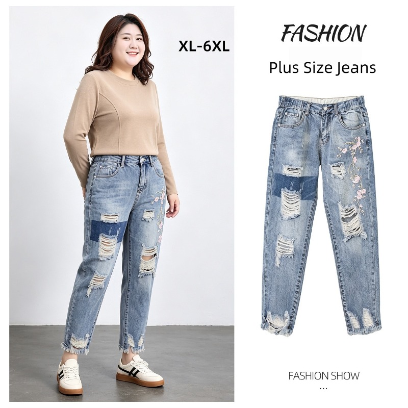 Embroidery Jeans - กางเกงยีนส์ผู้หญิงไซส์ใหญ่พิเศษสำหรับฤดูใบไม้ร่วง 6XL 5XL 4XL ฟอกสีอ่อน ขาด