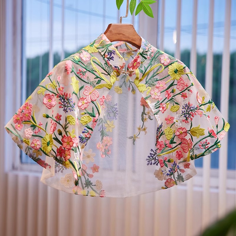 Embroidery Underlay - ผ้าคลุมไหล่ลูกไม้ปักลายดอกไม้สำหรับผู้หญิง ฤดูใบไม้ผลิ ฤดูร้อน ผ้าคลุมป้องกันแสงแดด รุ่น R629