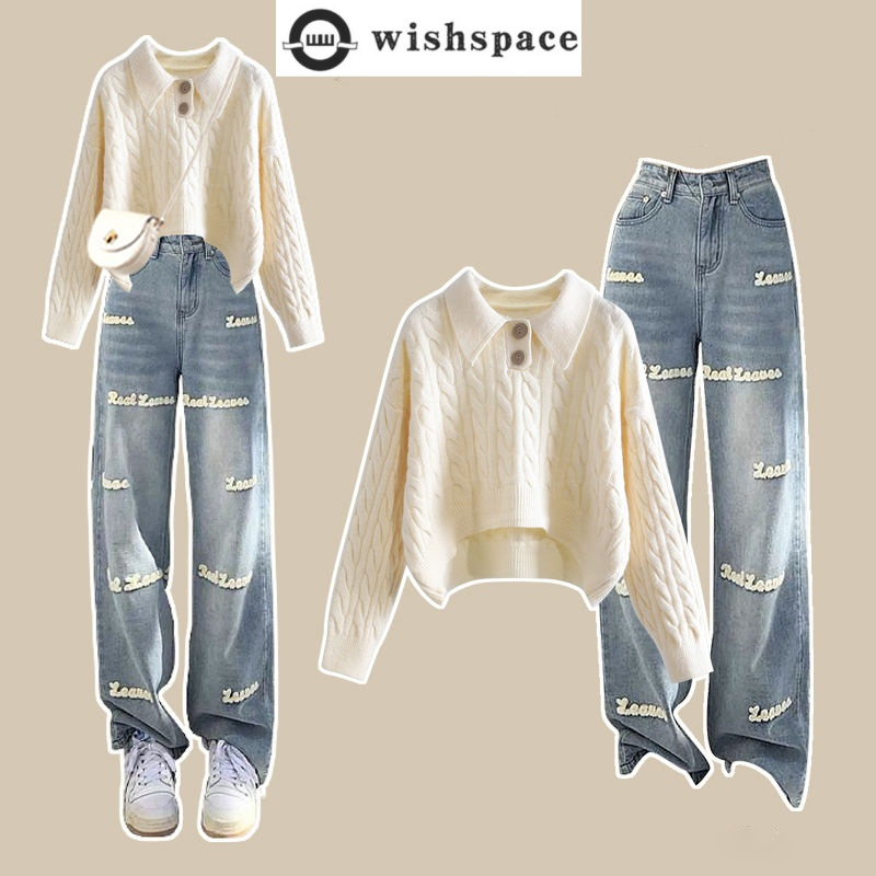 Embroidery Jeans - ชุดเซตกางเกงยีนส์แบบสวมหัวปักลายตัวอักษรแบบเสื้อกันหนาวแบบถักผ้าปอสไตล์เกาหลี