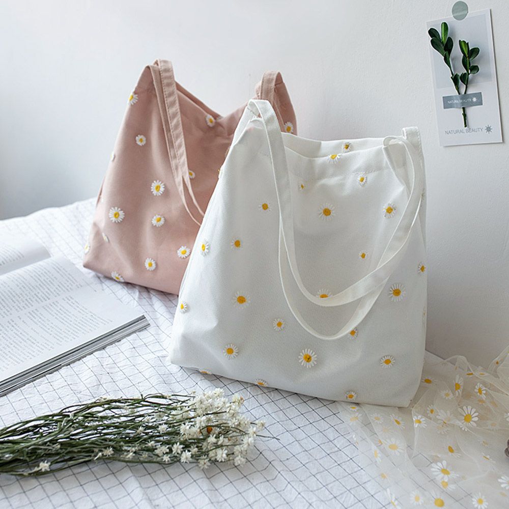 กระเป๋าผ้าใบสำหรับผู้หญิงกระเป - Embroidery Daisy Flower บทวิจารณ์และราคา