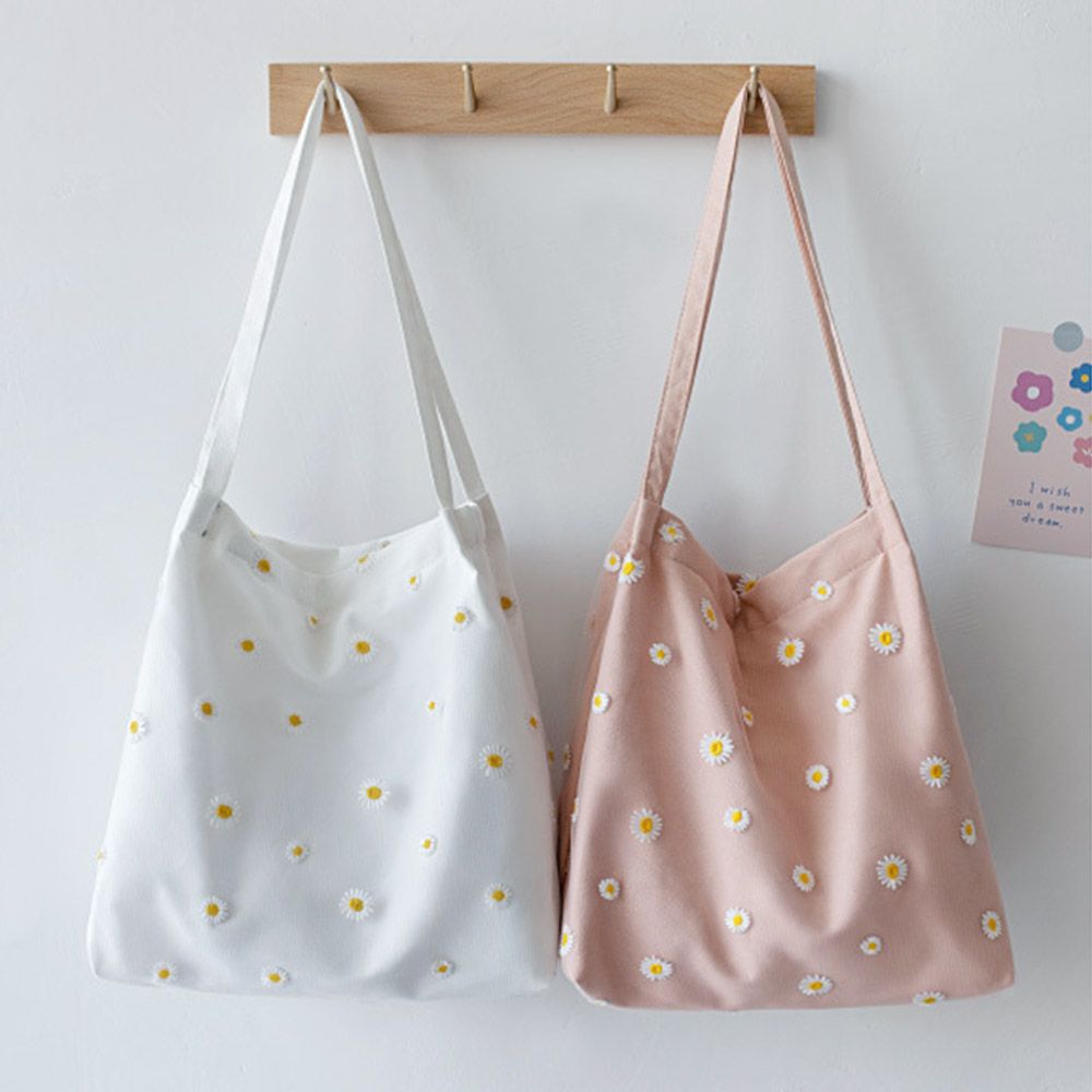กระเป๋าผ้าใบสำหรับผู้หญิงกระเป - Embroidery Daisy Flower บทวิจารณ์และราคา