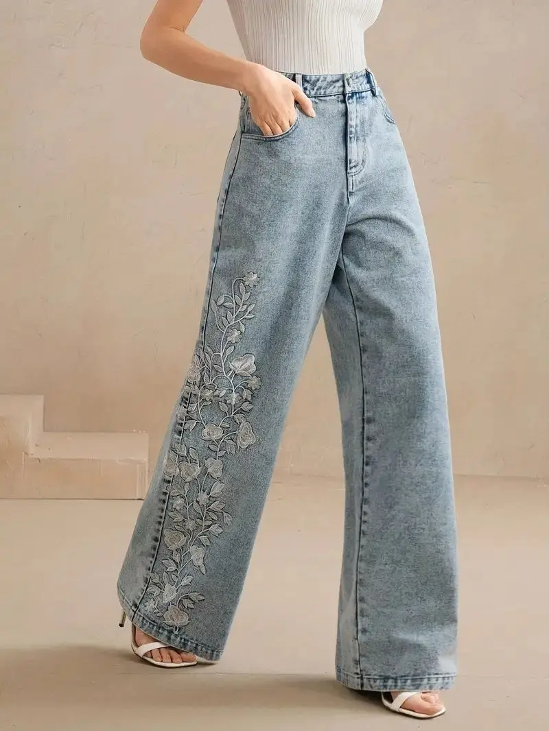 กางเกงยีนส์ทรงตรงสไตล์ Y2K สำห - Embroidery Jeans บทวิจารณ์และราคา