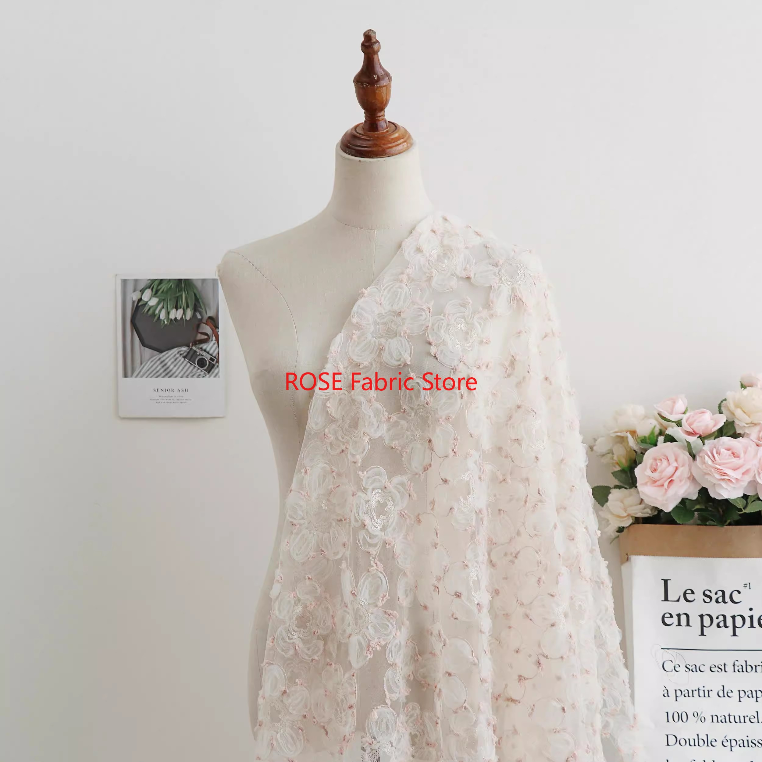 ผ้าลูกไม้สีชมพูเบจสวยงาม 1 หลา - Embroidery Underlay บทวิจารณ์และราคา